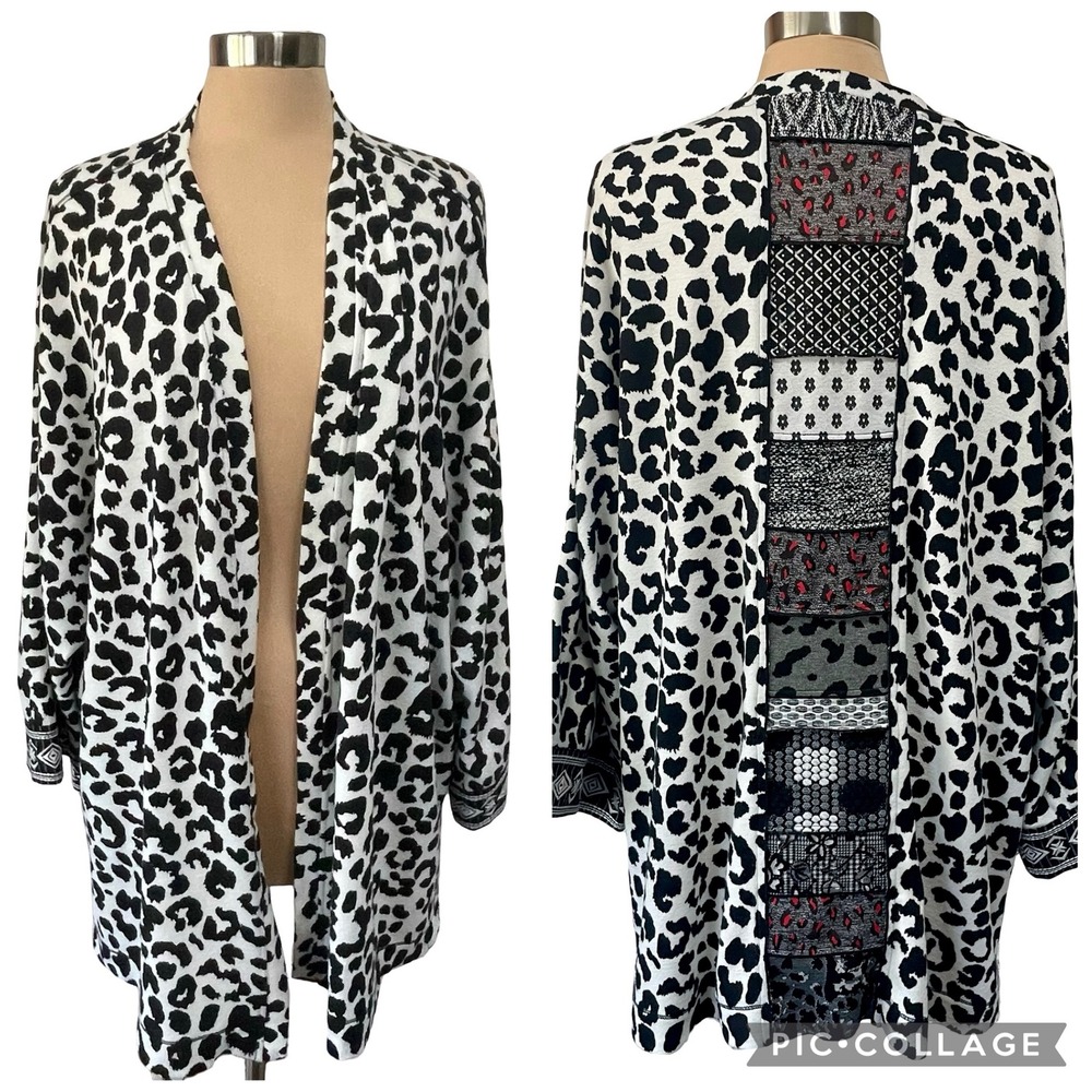 John Mark Black White Leopard Print Long Cardigan Size 1X Patchwork Artsy Boho